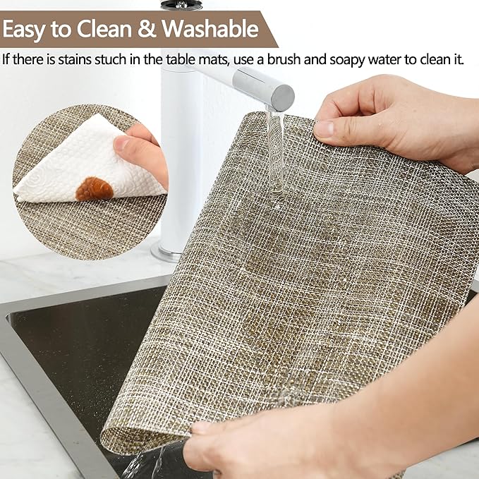 SLKQG Placemats Set of 4 - Easy Clean Washable Vinyl Placemats - Wipeable Heat Resistant Table Mats for Dining Table - 17.7x11.8 Inch (4, Gray & Gold Two-Tone)