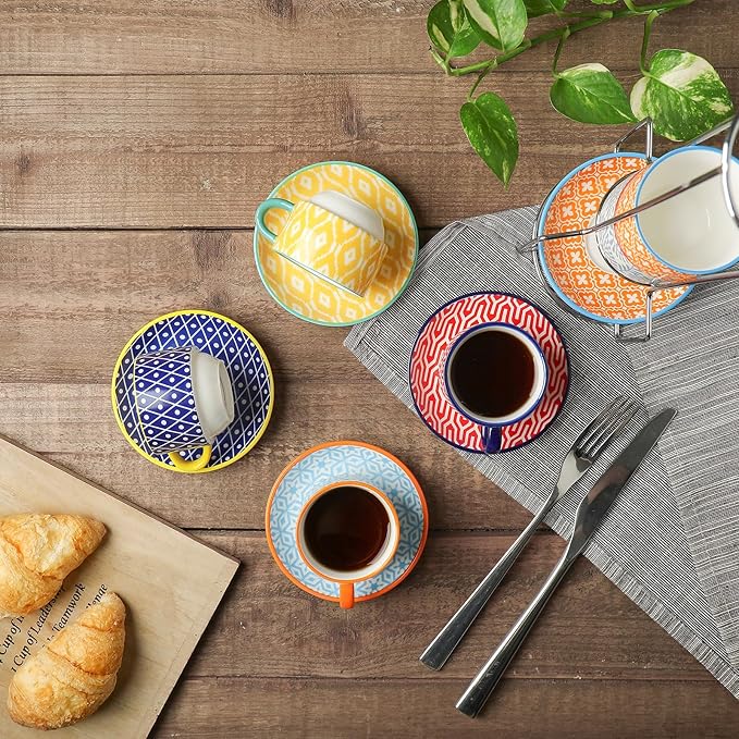 Selamica Ceramic Espresso Cups with Saucers, 2.5 OZ Stackable Demitasse Cups with Metal Stand, Mini Espresso Mugs for Latte Coffee Caf챕 Mocha Tea, Set of 6, Assorted Colors