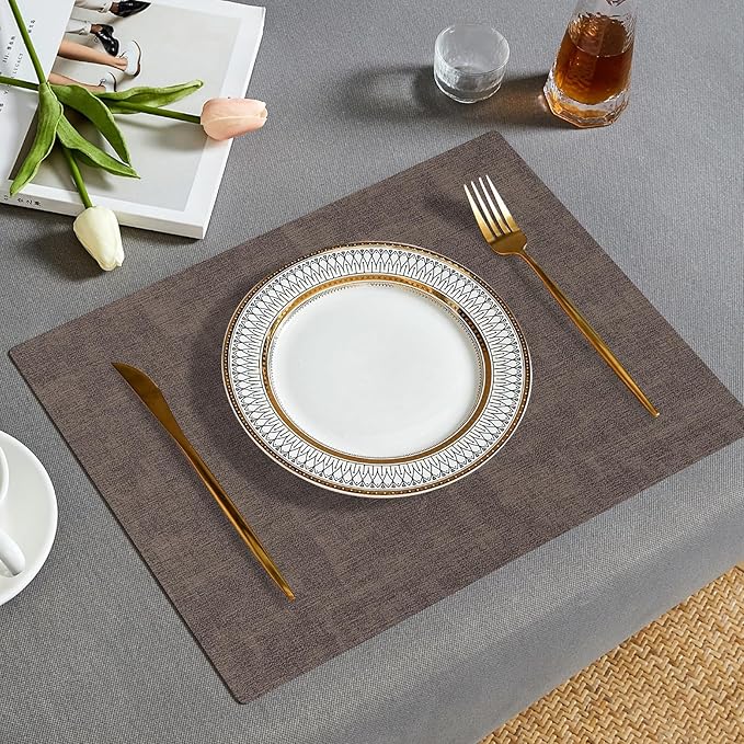 Boobezeen Faux Leather Placemats Set of 6, Heat Resistant Wipeable Washable Vinyl Place Mats, Waterproof Anti-Slip Dining Table Mats, Suitable for Indoor & Outdoor Use (Coffee)