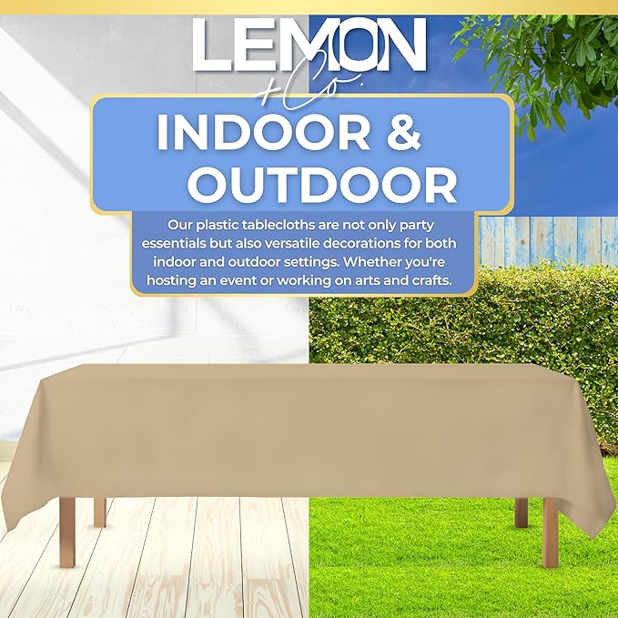 LEMON + Co. Beige Rectangle Table Cover Disposable Plastic Tablecloth 54 Inch. x 108 Inch. Premium Decorative Rectangle Table Cover 10 Pack