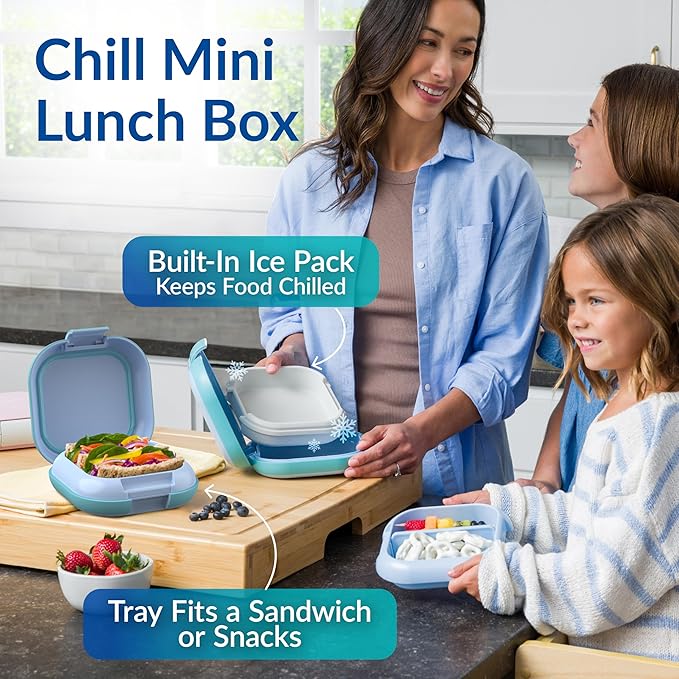 Bentgo Chill Mini Leak-Proof Lunch Box ??Built-In Ice Pack Keeps Food Cold, 2.7-Cup Capacity for Snacks or a Sandwich, 3 or 4 Compartments, PFAS & BPA-Free, Ideal for Adults & Kids 3+ (Tide Blues)
