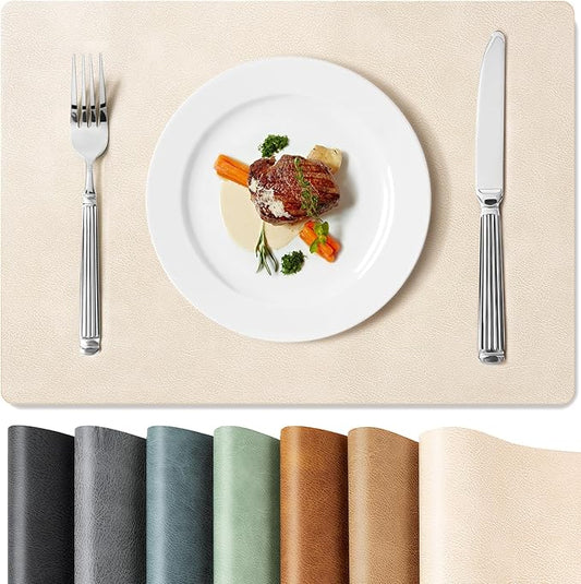 Roxifina Faux Leather Placemats Set of 4 - Vinyl Placemats Wipeable Waterproof Oil-Proof PU Place Mats Heat Resistant Reversible Table Mats for Dining, Kitchen, Outdoor, 12 x 17 Inch (Beige)