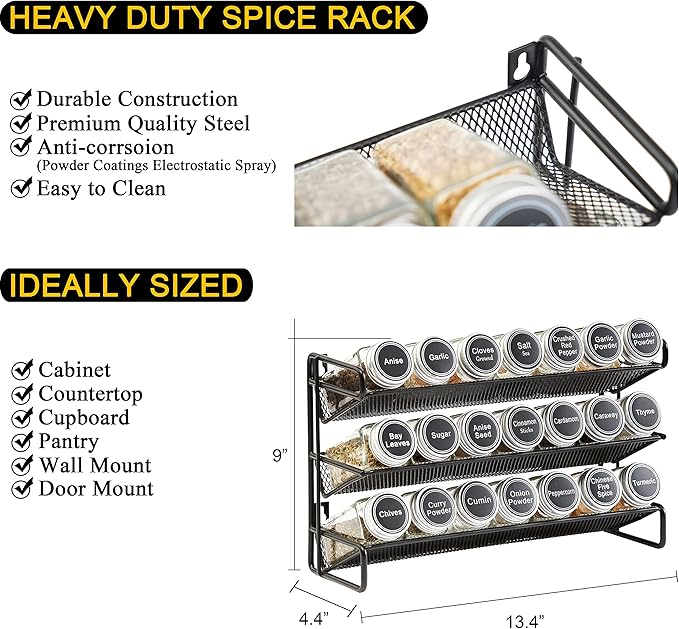 SpaceAid Spice Rack Organizer with 21 Spice Jars, 386 Spice Labels, Chalk Marker and Funnel Set for Cabinet, Countertop, Pantry, Cupboard or Door & Wall Mount - 21 Jars, 13.4" W 횞 9" H, Black