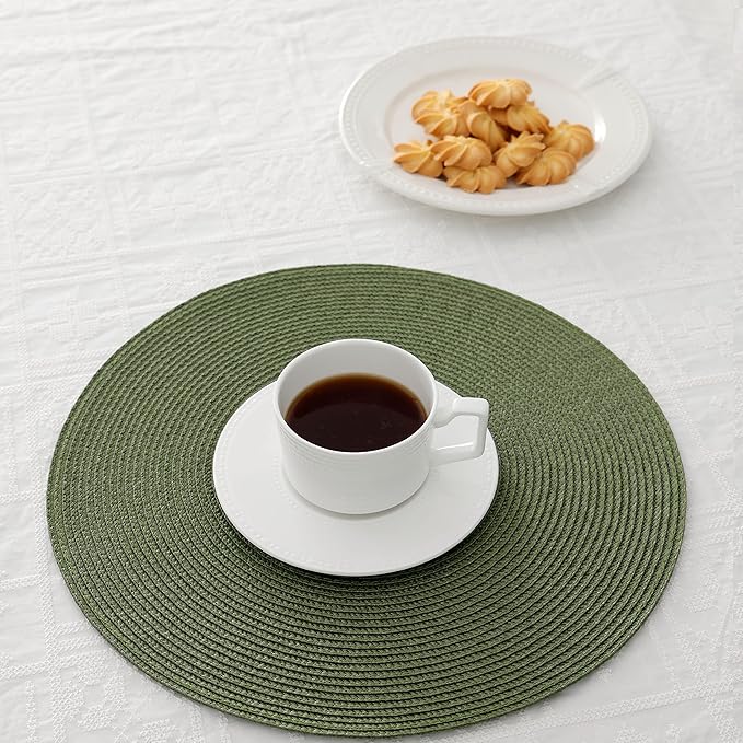 HODJOY Placemat, Round Placemat for Dining Table, Washable Woven Placemats for Christmas, 15 inch, Set of 6, Olive