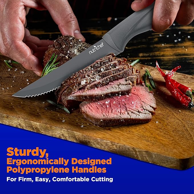 NutriChef Steak Knife Set of 8 - Premium Serrated Stainless Steel Kitchen Knife Set - Ergonomic Design, Sharp Blades, Non-Stick, & Rust-Resistant - Perfect for Home, BBQ's & Restaurants Gray