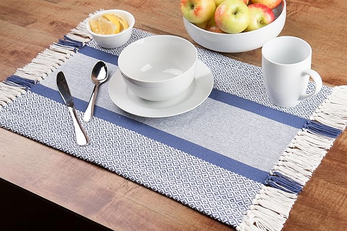 Sticky Toffee Cotton Placemats Set of 4 ??Blue Woven 14x19 in Table Mats for Kitchen or Dining Table, Boho Style, Washable Cloth Placemats