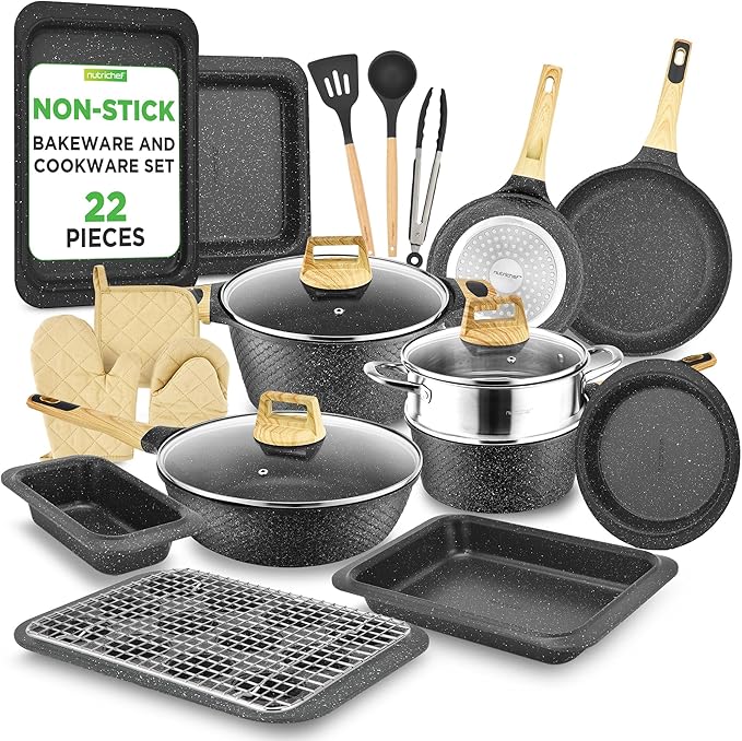 NutriChef 22?멠iece Non?멣tick Ceramic Pots and Pans Set ??For All Cooktops Including Induction ??PTFE & PFAS Free, Includes Bakeware & Utensils