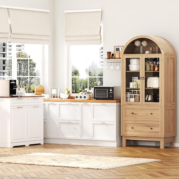 Arched Cabinet with Glass Doors, 71" Tall Freestanding Pantry Cabinet with 2 Large Drawers and Adjustable Shelf, Farmhouse Wood Storage Cabinets, Versatile Cupboard for Kitchen, Dining Room, Natural