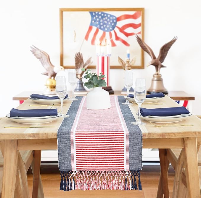 PurpleEssences 4th of July Table Runner - Wide with Dobby Stripe, Heavy Ribbed Weave & Double Knot Fringes, 14x72 Inch (14x77.5 with Fringes) Boho Farmhouse Decor - Veterans Day - Red, Blue and White