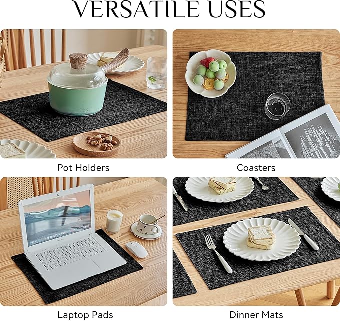 Softalker Faux Linen Placemats Set of 4-12 x 18 Inch, Heat Resistant Double Layered Durable Burlap Farmhouse Place Mats, Non-Slip Washable Rustic Table Mats for Dining, Kitchen, Party竊뉰lack