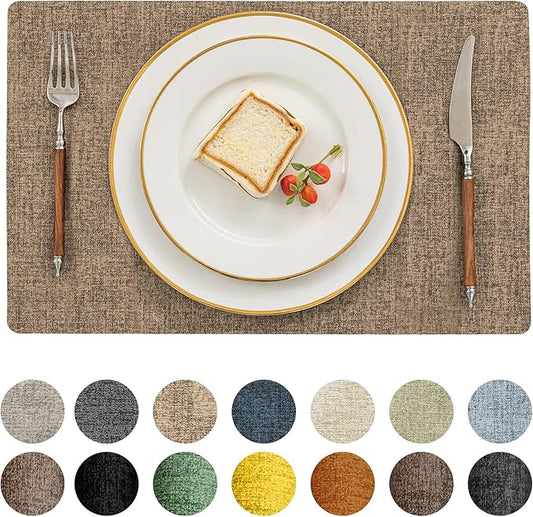 Romanstile Vinyl Placemats Set of 4-12 X 17 Inch - Heat Resistant Place Mats 100% Waterproof Oilproof Wipeable Reversible Faux Leather Table Mats for Kitchen, Dining, Party, Outdoor, Coffee