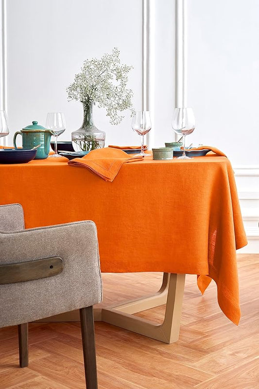 Solino Home Linen Tablecloth for Rectangle Tables 70 x 108 Inch - 100% Pure Linen Pumpkin Table Cloth - Sonoma, Machine Washable Cloth Tablecloth