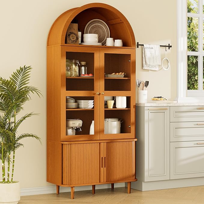 71" Tall Arched Kitchen Pantry, Modern Farmhouse Wood Kitchens Storage Cabinets with Sliding Doors竊?Adjustable Shelves, Versatile Cupboard for Kitchen, Living Dining Room, Bathroom (Yellow Walnut)