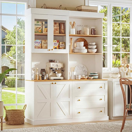 71" Farmhouse Kitchen Pantry Cabinet Set of 2, White Freestanding Coffee Bar Hutch with Glass Doors, Drawers & Adjustable Shelves, Large Storage Cabinet with Microwave Stand for Living Room & Kitchen