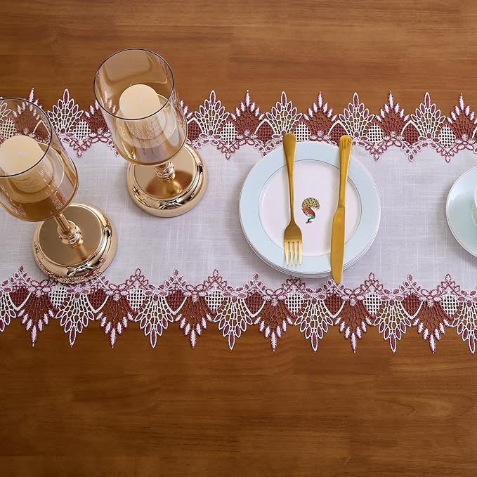 Raedan White Dark Red Lace Linen Table Runner 72 inches Long, Claret Dresser Scarf Table Topper for Christmas Kitchen Coffee Table Wedding Party Home Decor (Dark Red, 16?쓝72??