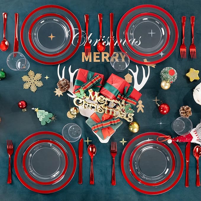 I00000 150pcs Red Disposable Plates | Clear Plates Red Trim,Silverware | Valentine's Day Dinnerware Set Perfect for Party (25 Guests)