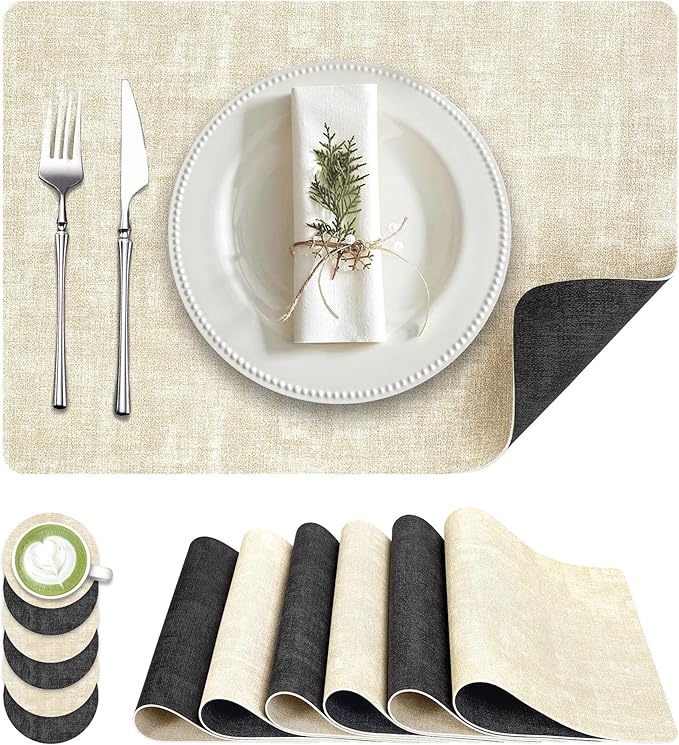 Fyvva Placemats Set of 6, Faux Leather Heat Resistant Wipeable Placemats, Dual Sided Waterproof Washable Table Mats with Coaster, Suitable for Kitchen, Dining, Table Decor (6, Black Beige)