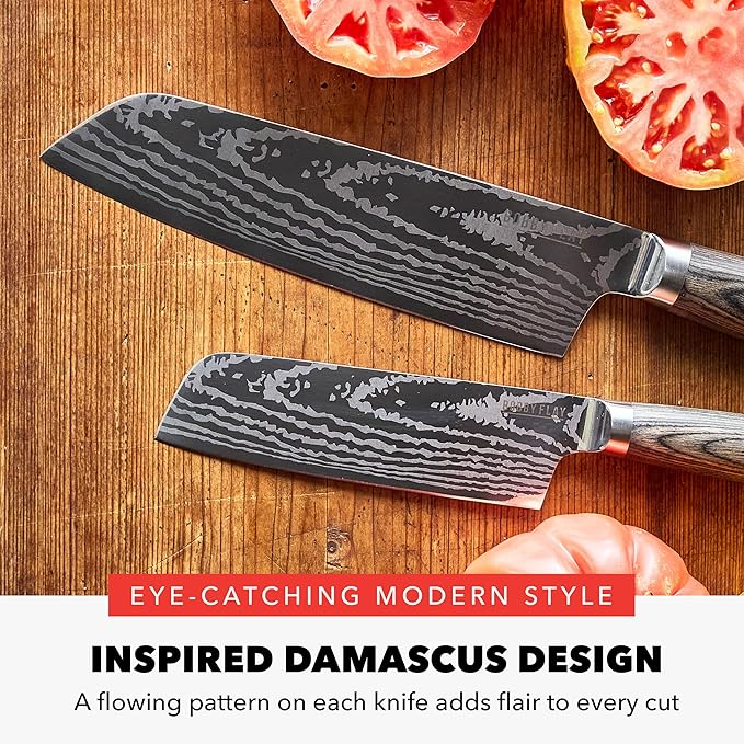GreenPan x Bobby Flay 5??& 7??Santoku Knife Set, Premium Stainless Steel Blades, Precision Cutting Kitchen Tools, Ultra-Sharp Cutlery, Hand Finished Ergonomic Wood Handle, Damascus Steel Design