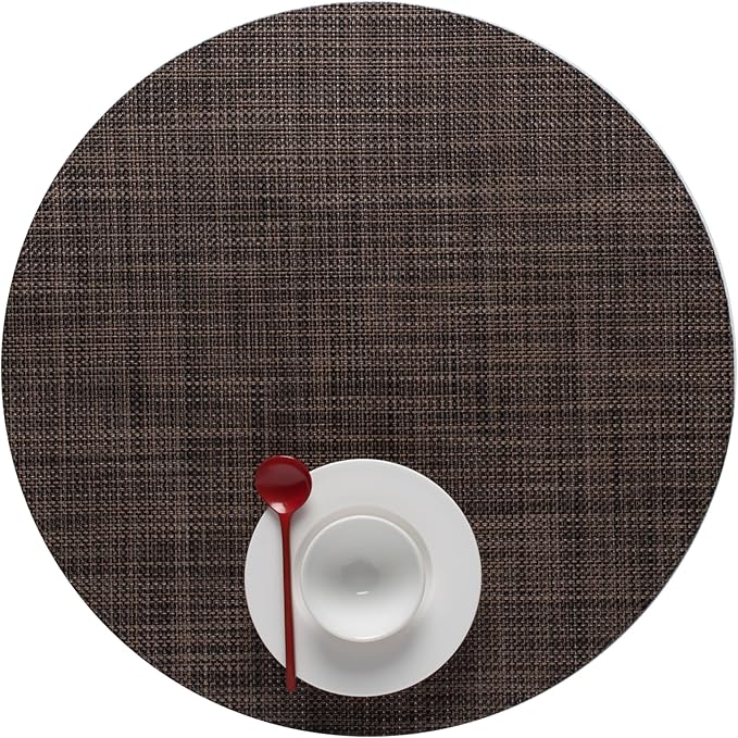 Chilewich Mini Basketweave Placemats in Dark Walnut - Set of 4 - Easy Care Woven Tabletop Textiles - Indoor/Outdoor - 15" Round