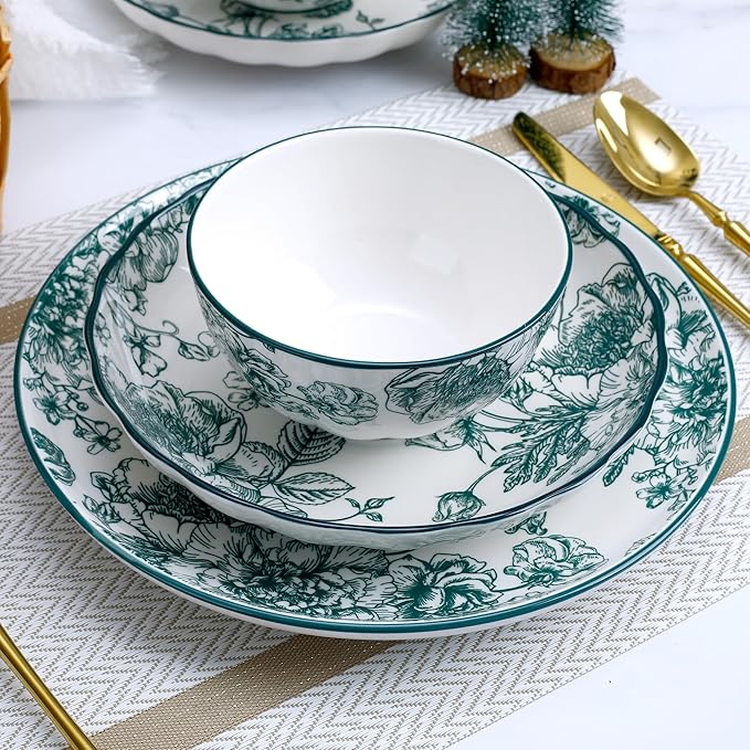 12-Piece Dinnerware Set for 4, Green Floral Porcelain Plates & Bowls, Microwave and Dishwasher Safe