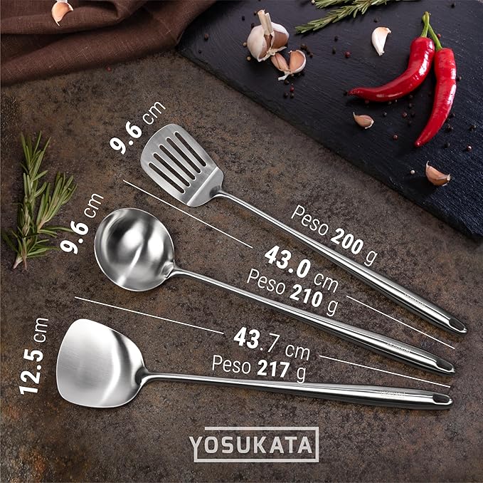 YOSUKATA Blue Round Bottom Wok Pan ??14" Woks and Stir Fry Pans + Wok Lid 13.6 Inch - Premium Stainless Griddle Dome with Tempered Glass + 17" Wok Spatula and Ladle and Turner