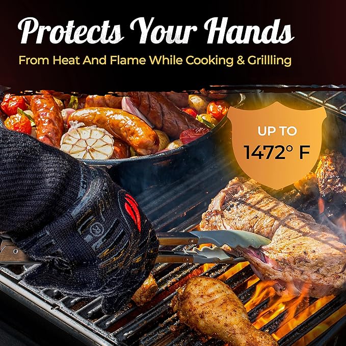 GRILL HEAT AID BBQ Grill Gloves Heat Proof for Grilling ??Fireproof 1472째F Heat-Resistant Grill Mitts for Outdoor Barbecue and Smoker, Campfire, Fire Pit, Oven Glove with Fingers for Baking Pizza