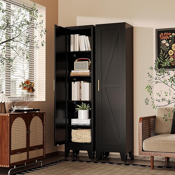 67?쏦 Metal Narrow Kitchen Pantry Cabinet,Black Skinny Pantry Cabinet,Tall Narrow Bathroom Storage Cabinet with Adjustable Shelves,Slim and Thin Pantry Cabinets for Living Room Dining Room