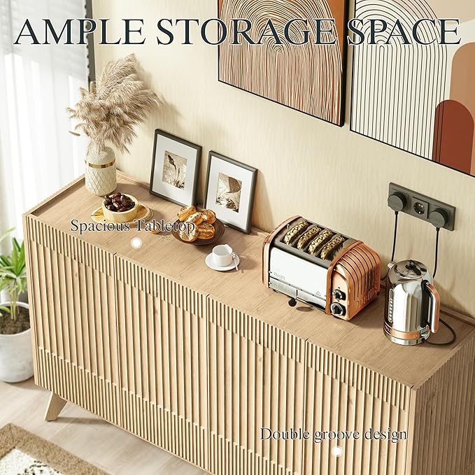 FLOWBACK 60" Large Fluted Storage Cabinet with Adjustable Shelves,35?섃?Tall Sideboard Buffet Credenzas Console Table with Solid Wood Legs,Accent Cabinet for Living Room Dining Room Entryway