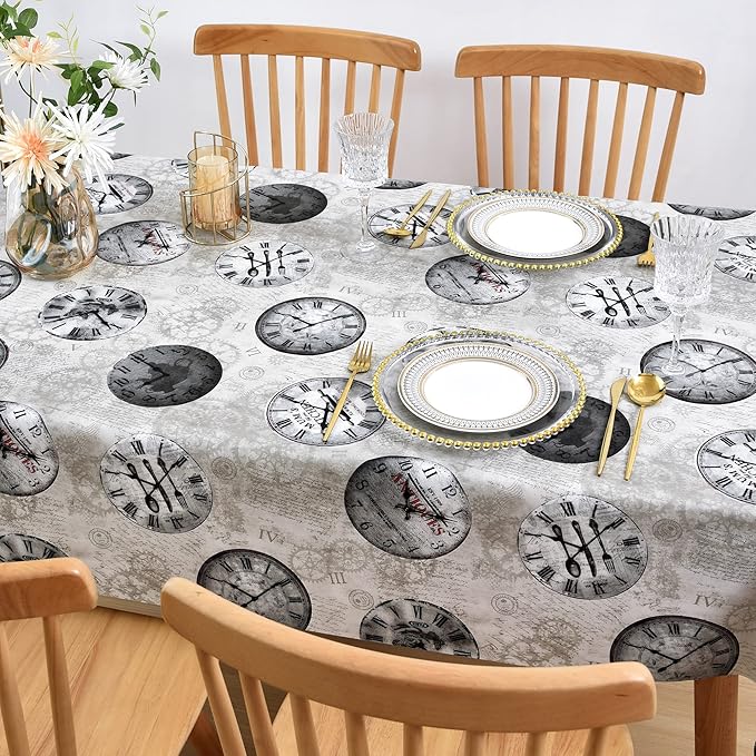 Vinyl Table Cloth Small Square Tablecloth, Wipeable Spillproof Plastic Oilcloth Table Cover, Waterproof PVC Tablecloths for Card Tables, Bistro Tables, Picnic 54 x 54 Inch 4ft Inch Grey Retro Clock