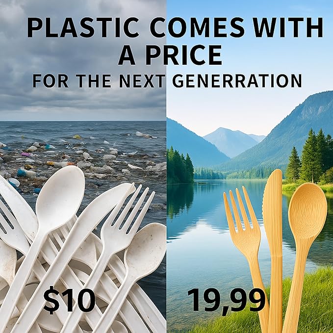 Wooden Cutlery Set - 100 Pcs Disposable Bamboo Forks, Spoons, Knives - Compostable 100% Natural Bamboo Utensils for Parties, Picnics, Camping, Weddings - Eco-Conscious Dining Supplies