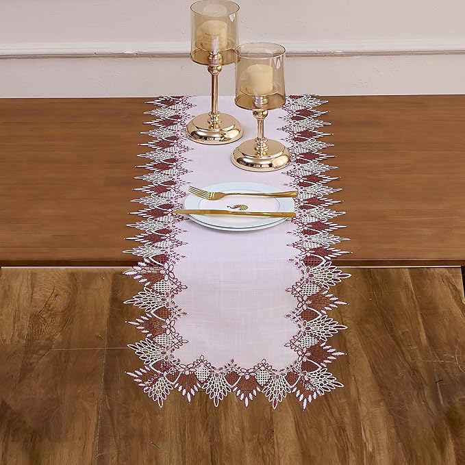 Raedan White Dark Red Lace Table Runner 54 inches Long, Claret Dresser Scarf Table Topper for Christmas Kitchen Coffee Table Wedding Party Home Decor (Dark Red, 16?쓝54??