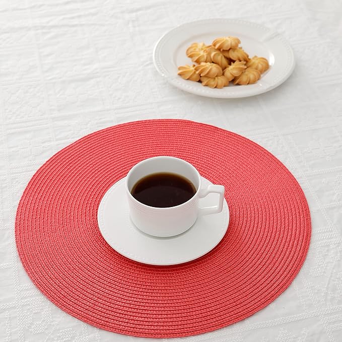 HODJOY Placemats Set of 6, Round Woven Table Mats for Dining Table, Washable Non-Slip Placemats for Christmas, 15 inches (Tango Red)