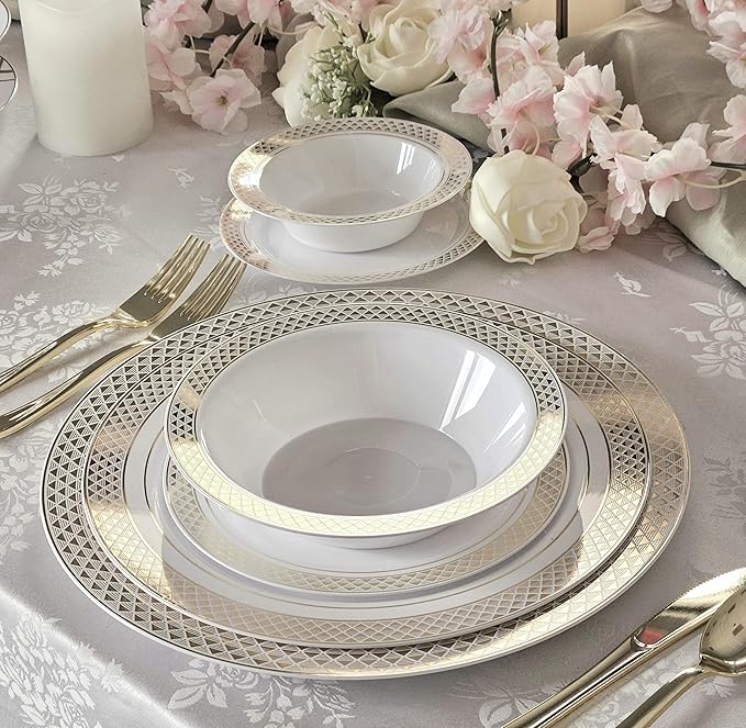 " OCCASIONS " 40 pcs Chargers pack Wedding Party 12'' Disposable Plastic Charger Plates/Chargers (Celebration White & Gold)