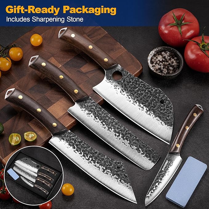 4-Piece Butcher Knife Set with 7??Cleaver, 8??Chef Knife, 8??Nakiri & 5??Utility Knife ??Hand Forged Full Tang Kitchen Knives with Sharpening Stone for BBQ, Meat, Veggies & Outdoor Cooking