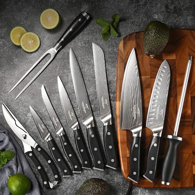 Kitchen Knife Set, 18-Piece Damascus Kitchen Knife Set with Block, ABS Ergonomic Handle for Chef Knife Set, Knife Sharpener and Kitchen Shears, Knife Block Set