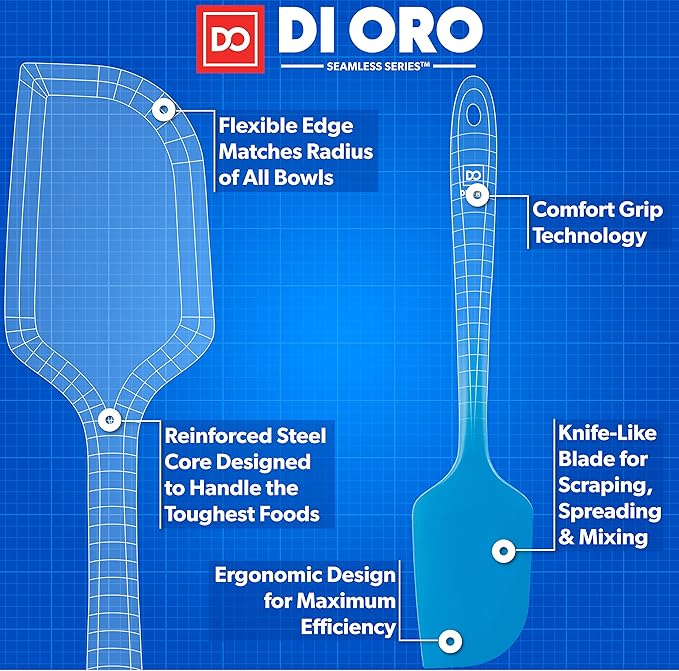DI ORO Silicone Spatula - 600째F Heat-Resistant Rubber Kitchen Spatula for Baking, Scraping, & Mixing - BPA Free Nonstick Cookware Safe Flexible Utensil for Cooking - Seamless & Dishwasher Safe (Blue)