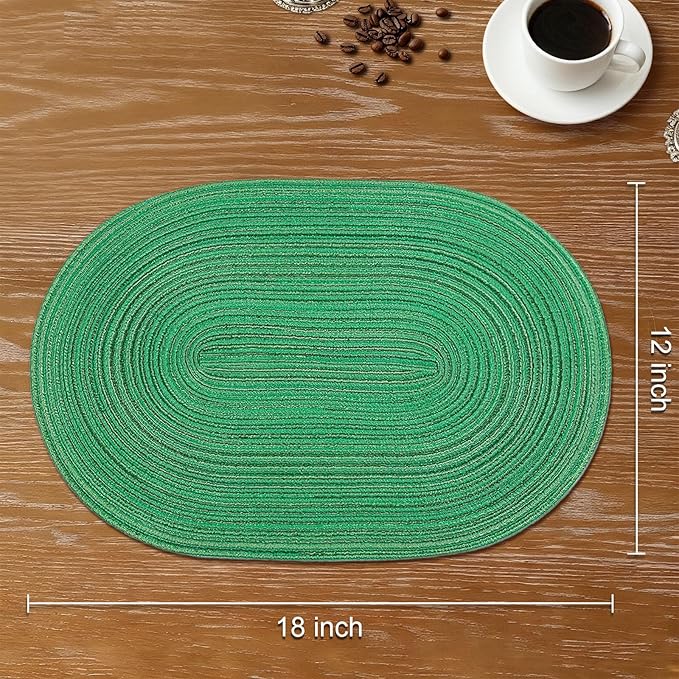 Noctiflorous Oval Braided Placemats Set of 8 Woven 12x18 Inch Non Slip Washable Heat Resistant Place Mats Round Tablemats for Dining Kitchen Party Daily Table Decor Dinner Mats (Green Shine, 8)