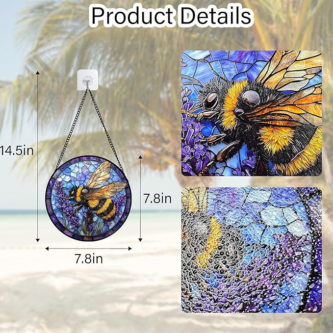 Stained Glass Window Hanging, Bee Lavender Sun Catchers Diamond Glass Panel Hangings Insect Suncatcher Decor for Birthday for Women, Men, Wife, Aunt, and Mom7.8 in