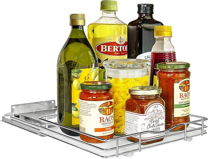LYNK PROFESSIONAL짰 Pull Out Spice Rack Organizer for Inside Kitchen Cabinets - 12-3/8 inch Wide - Slide Out Drawer ??Chrome Sliding Spice Cabinet Organization Shelf Racks - 1 Tier