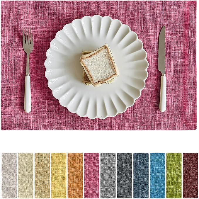 Softalker Faux Linen Placemats Set of 8-12 x 18 Inch, Heat Resistant Double Layered Durable Burlap Farmhouse Place Mats, Non-Slip Washable Rustic Table Mats for Dining, Kitchen, Party竊늁ink
