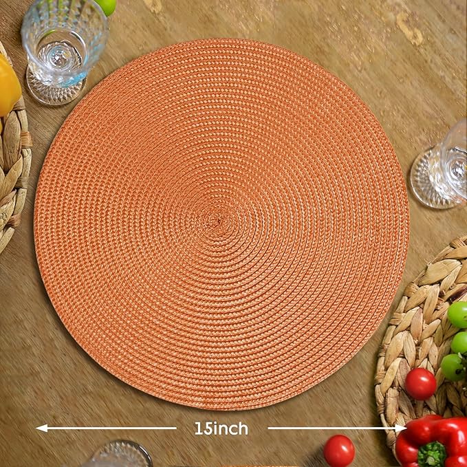 FunWheat Round Braided Placemats Set of 4 Table Mats for Dining Tables Woven Washable Non-Slip Place mats 15 inch(Pumpkin Orange,4pcs)