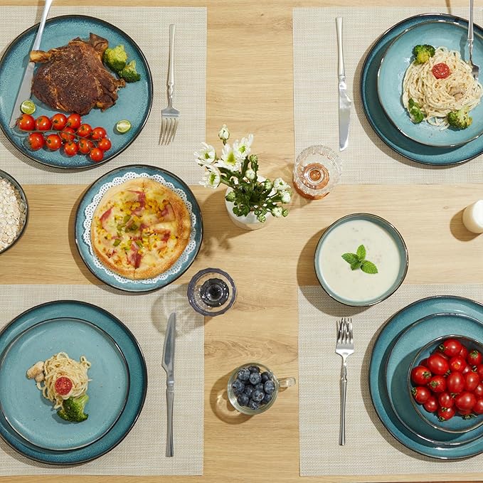 32 Piece Dinnerware Set for 8 with Pasta Bowls, Green Black Reactive Glaze Stoneware | All?멼n?멟ne Host Set for Entertaining, Holiday Meals, Multi?멌ourse Dinners | Unique Irregular Coastal Look