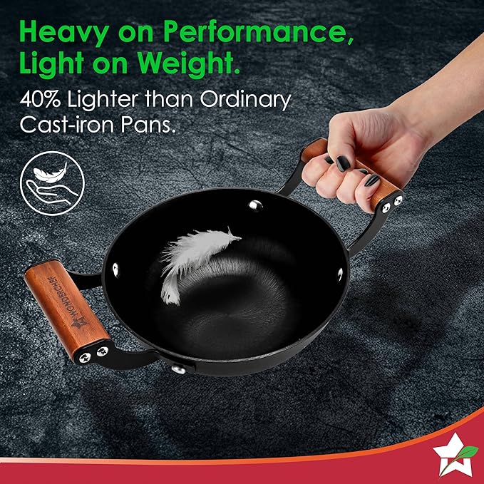 Wonderchef Pre-Seasoned Ferro Light Kadhai 3.2L Acacia Wooden Handles Gravity Moulding Technology No Chemical Coating 10 Year 28cm Black