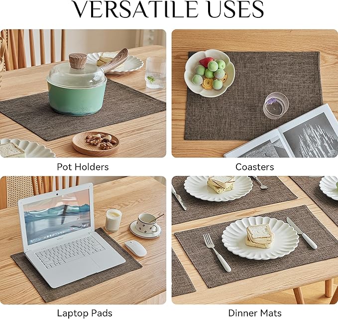 Softalker Faux Linen Placemats Set of 4-12 x 18 Inch, Heat Resistant Double Layered Durable Burlap Farmhouse Place Mats, Non-Slip Washable Rustic Table Mats for Dining, Kitchen, Party竊뉰rown