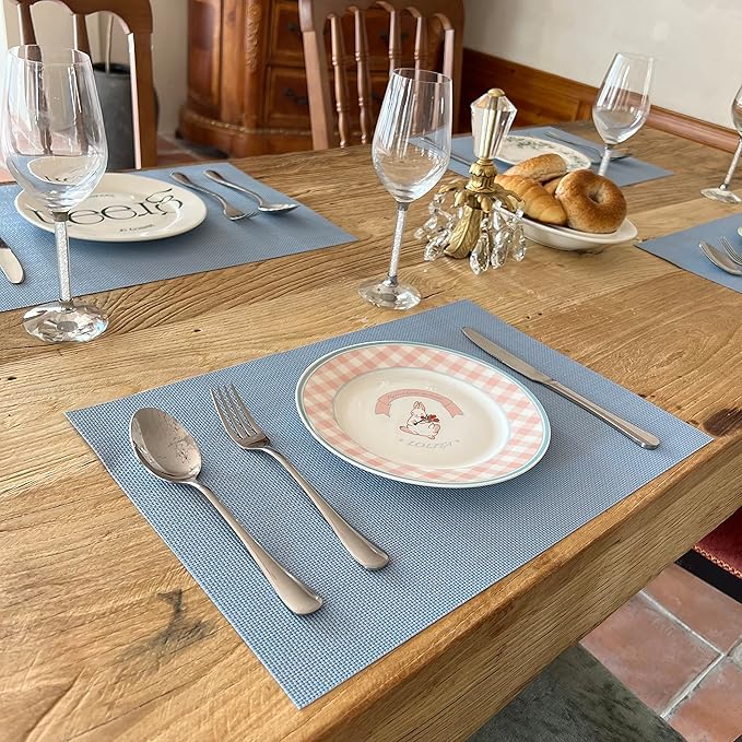 WAZAIGUR Placemats,Easy to Clean Crisscross Woven Vinyl Place Mats Durable Non-Slip Heat Resistant Table Mats,Placemats for Kitchen Table (Nattier Blue, 6)