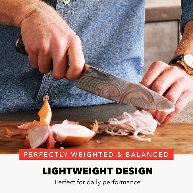 GreenPan x Bobby Flay 8" Chef's Knife with Sheath, Premium Stainless Steel Blade, Precision Cutting Kitchen Tool, Ultra-Sharp Cutlery, Hand Finished Ergonomic Wood Handle, Damascus Steel Design