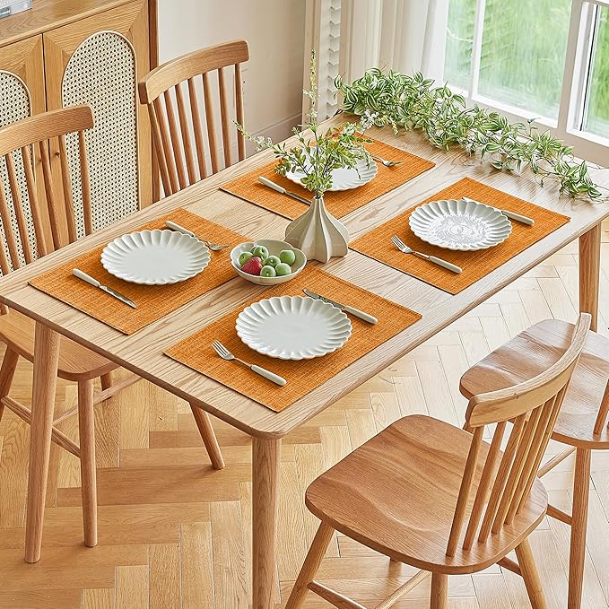 Softalker Faux Linen Placemats Set of 4-12 x 18 Inch, Heat Resistant Double Layered Durable Burlap Farmhouse Place Mats, Non-Slip Washable Rustic Table Mats for Dining, Kitchen, Party竊늀range