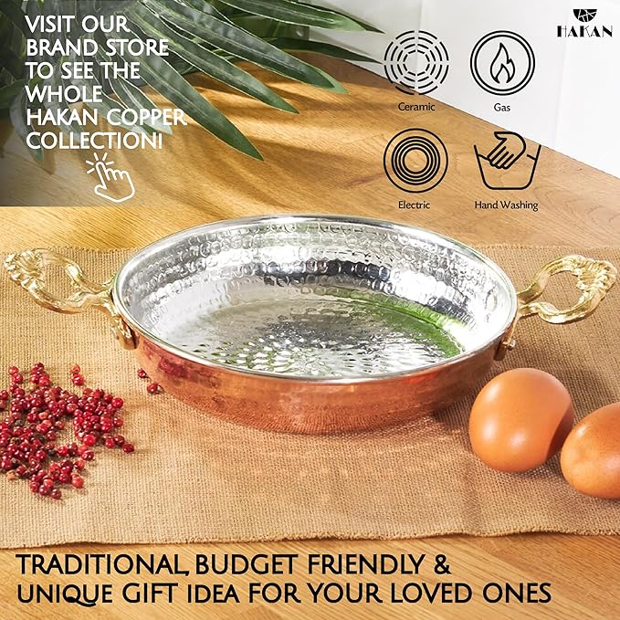 Hakan Copper Egg Pan for Cooking | Handmade Large Frying Pan | Hammered Skillet with Double Handles for Omelette | Authentic Kitchen Cookware & Copper Gifts Idea, 8.7??(22 cm)