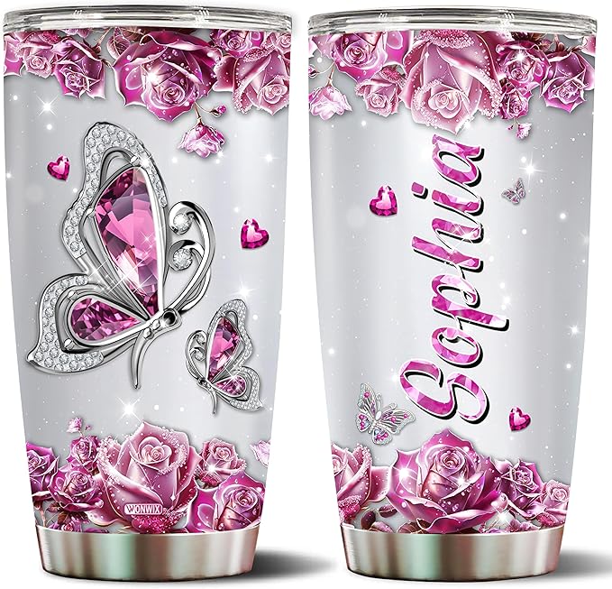 WONWIX Personalized Butterfly Coffee Mugs For Girls Mom Women Adults Butterflies Lovers Water Bottle Travel Mug Mothers Day Birthday Christmas Valentine 20oz Stainless Steel Cup With Lid
