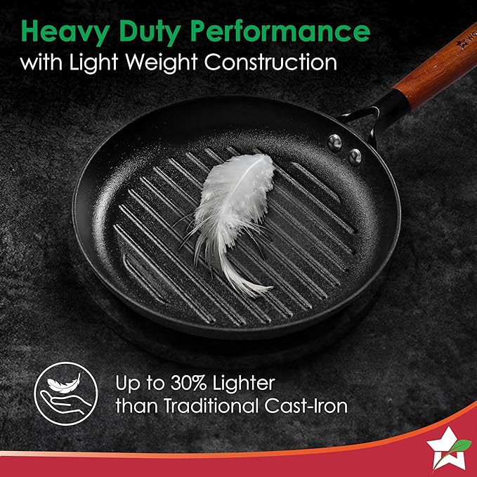 Wonderchef Pre-Seasoned Ferro Light Grill Pan 2.5MM Acacia Wooden Handles Gravity Moulding Technology No Chemical Coating 10 Year 24 cm Black